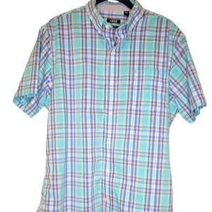 Izod men's medium plaid button down shirt non-iron stretch